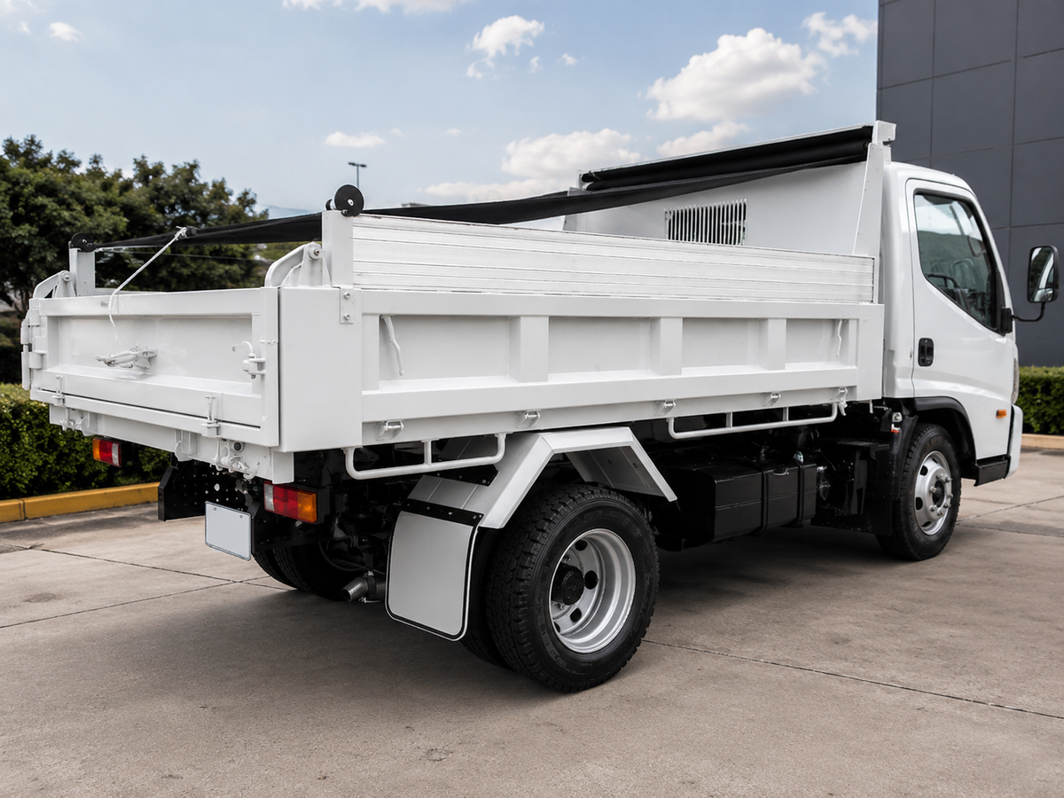 Illustrative image — aluminium hungry board fitted above the side of a light tipper; double-height kit stacks a second board on longer posts